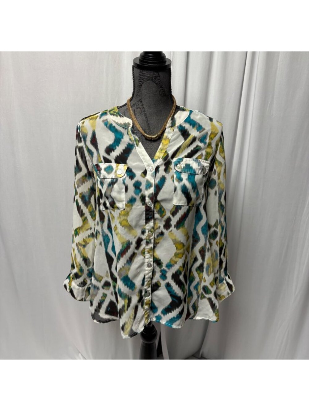 Maurices Blouse Womens Large Abstract Ikat Button Front Roll Tab Career Boho Top